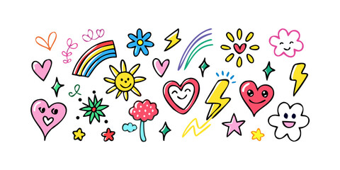 Set of cute doodle elements hand drawn sun, heart, rainbow, star, flower, lightning bolt vector illustration for kids design © jaman