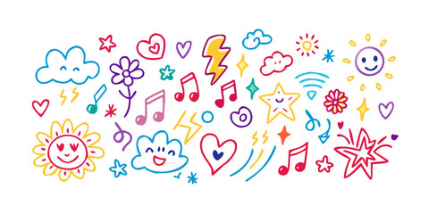 Hand drawn doodle elements set of cute childish drawings, including clouds, hearts, lightning bolts, stars, flowers, music notes and suns