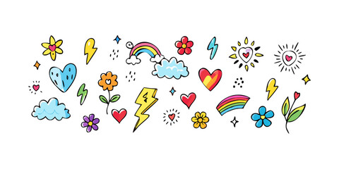 Playful doodle illustration featuring hearts, flowers, clouds, rainbows, and lightning bolts, creating a whimsical and cheerful design
