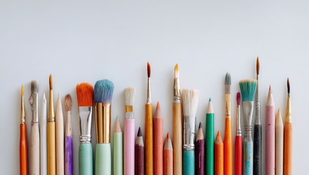 Colorful art supplies arranged in a horizontal row