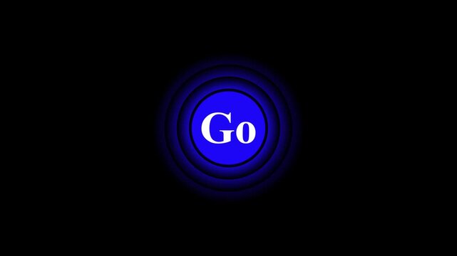 Go button icon with radio wave animation on black background, glowing circular start symbol, digital UI UX interface, wireless connection and technology concept, modern signal design element