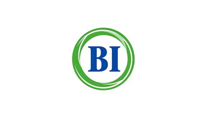A logo design with the letters "BI" inside a green and blue-green layered circle on a white background. It's clean and simple