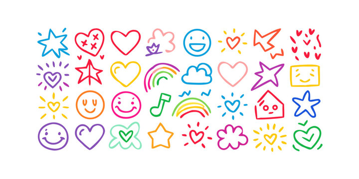 Collection of handdrawn doodle icons, featuring stars, hearts, smiling faces, rainbows, clouds, musical notes, and houses in a playful and colorful style