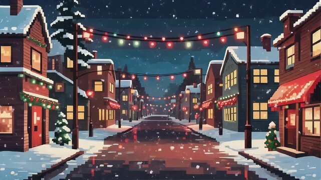 Pixel art winter street scene at night, adorned with festive Christmas lights and falling snow, reflecting on the wet road.