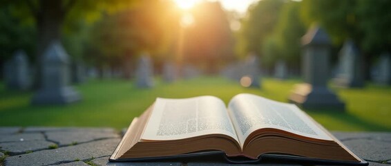 Cinematic focus on an open book in a tranquil cemetery at sunrise, pages gently fluttering as camera slowly pans across gravestones, capturing serene ambiance and soft morning light. - Powered by Adobe