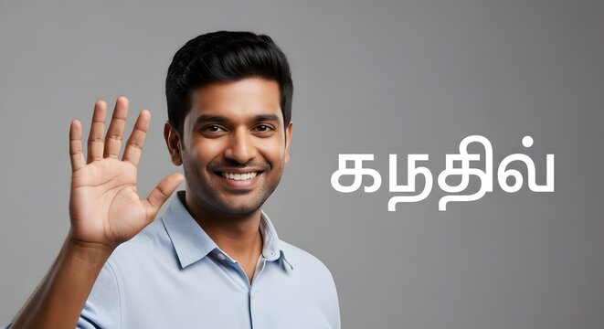 A smiling young man with dark hair and a light blue shirt waving with his right hand against a plain gray background, conveying friendliness and greeting in a professional setting