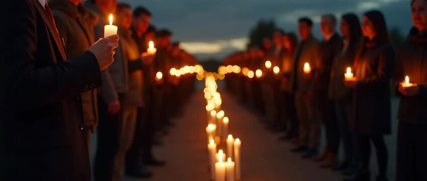 Cinematic candlelight vigil as participants hold flickering candles in unison; camera gently pans across the solemn crowd; ambient night breeze adds contemplative motion.