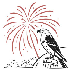 Eagle Perched on Pedestal with Fireworks and Clouds on White Background Keywords: eagle, bird