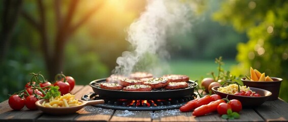 Cinematic outdoor barbecue scene with sizzling burgers on grill, smoke rising gently; camera slowly pans across vibrant summer picnic table with fresh vegetables and pasta, capturing warm sunlight.