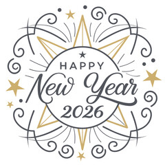 Happy New Year 2026 Greeting with Swirls and Stars on White Background Keywords: happy new year