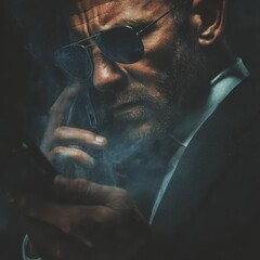 Mature man in suit wearing sunglasses, talking on phone and holding another device, mysterious and intense atmosphere with smoke, technology and business concept