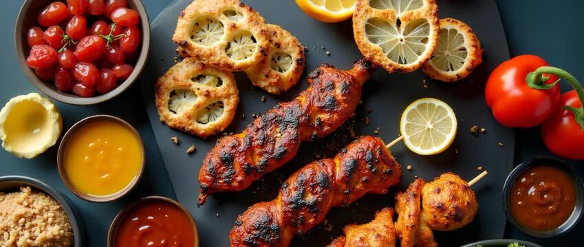Grilled skewers sizzle amid vibrant side dishes, as the camera slowly pans over a colorful, mouthwatering spread, creating a cinematic, appetizing feast for culinary enthusiasts.