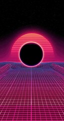 80s synthwave digital art with a black circle and grid