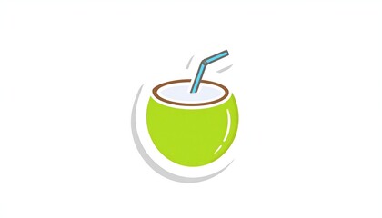 A simple illustration of a green coconut with a straw inserted into the top. It has a shadow effect on a white background