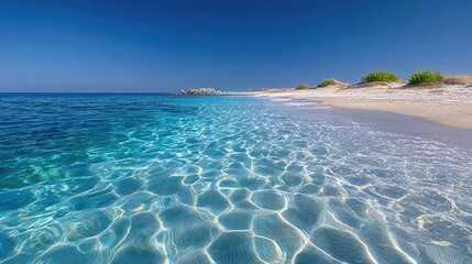 Crystal Clear Turquoise Water Gently Lapping Onto A White Sand Beach With Distant Rocky Outcrops Under A Deep Blue Sky
