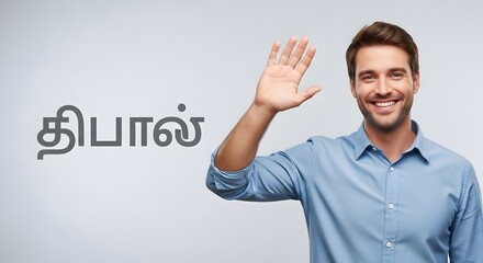 A smiling young man with a friendly expression waving his hand in a gesture of greeting against a plain background with text in a different language