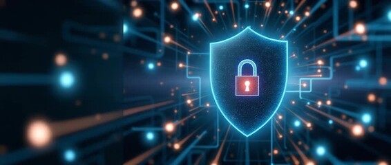 Cinematic cybersecurity concept with a glowing lock on a shield, as digital data streams pulse gently; camera pans slowly across, highlighting network security and data protection. - Powered by Adobe