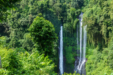 Sekumpul waterfall in Northern Bali Indonesia. Triple waterfall cascading down vertical walls of deep gorge, surrounded by tropical rainforest. 
