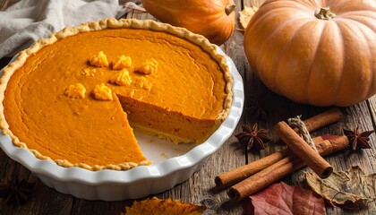Delicious Pumpkin Pie with Cinnamon Sticks and Pumpkins.