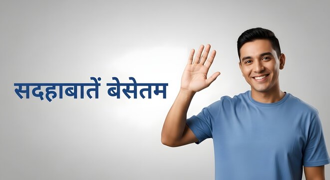 A cheerful young man with a friendly smile waving his hand in greeting against a plain background, conveying warmth and approachability in a casual setting