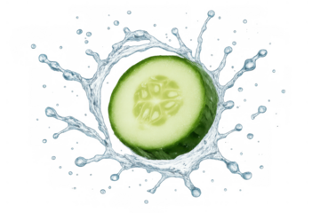 Cucumber slice dropping into clear water, generating dynamic splash. Concept of fresh, healthy, hydrating food and drink