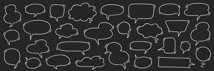 Fototapeta na wymiar Speech bubble doodle talk set. Hand drawn comic doodle style dialog balloon, thought cloud speech bubble element pack. Cartoons speak elements on a blackboard background. Vector illustration