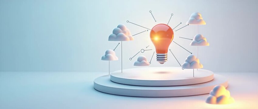 Innovative lightbulb illuminates on a minimalist podium, with clouds gently swaying; camera executes a slow pan in a futuristic, cinematic style, highlighting creativity and technology.