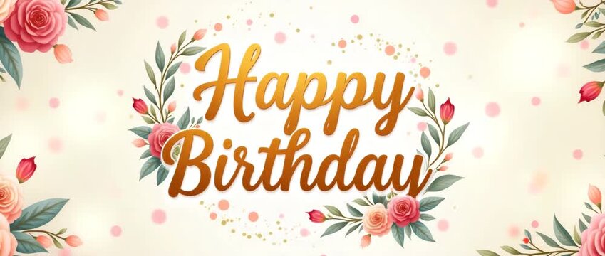 Elegant floral wreath surrounds golden Happy Birthday text, as camera gently pans over soft pastel background with subtle light flares, creating a celebratory, cinematic ambiance.