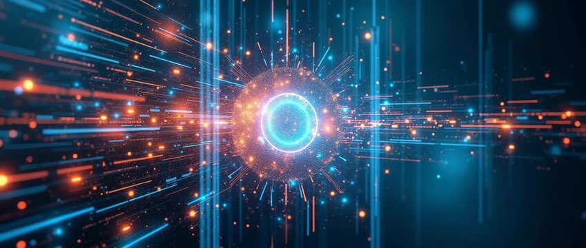 Futuristic digital sphere emits vibrant energy beams, illuminating a cosmic space with dynamic light motion; camera slowly pans across, capturing a mesmerizing, cinematic sci-fi ambiance.