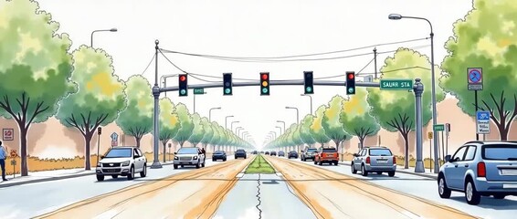 Urban street life unfolds as cars drive steadily beneath traffic lights, while a gentle breeze sways tree branches; the camera pans slowly in a vibrant, watercolor style.