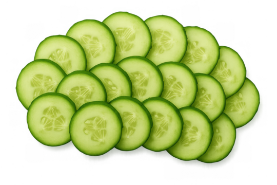 Sliced cucumber fresh green circles arranged in a pattern, showing healthy raw vegetables for cooking, salad, and diet on transparent background