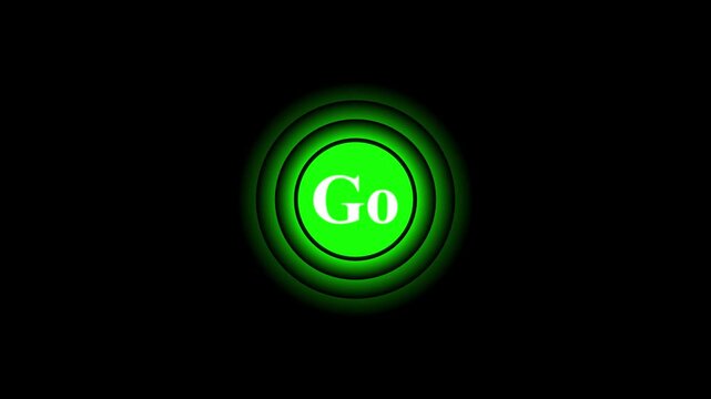 Go button icon with radio wave animation on black background, glowing circular start symbol, digital UI UX interface, wireless connection and technology concept, modern signal design element