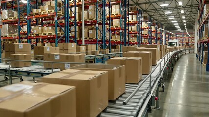 cardboard boxes on conveyor belt in modern warehouse - automated logistics | logistics, shipping, industry, warehouse, automation theme - Powered by Adobe