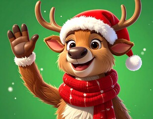 Cheerful cartoon reindeer wearing a Santa hat and scarf waves on a green background