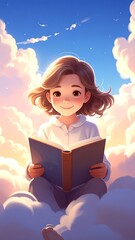 Cheerful girl reads a book while sitting peacefully on fluffy white clouds in a bright sky