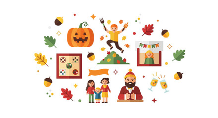 Thanksgiving Family Activities Flat Icon Set &mdash; Pumpkin Carving, Leaf Jump, and Storytime