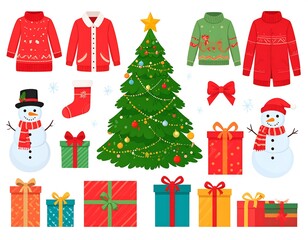 Cheerful holiday cartoon with sweaters, gifts, snowmen and a decorated Christmas tree