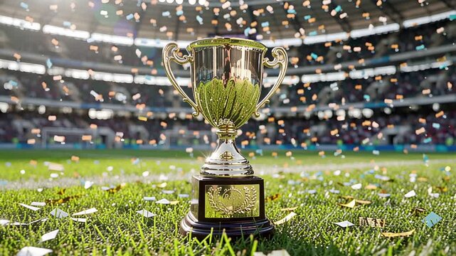 golden trophy cup on ground with falling confetti, stadium background | sport, award, success, celebration, triumph theme