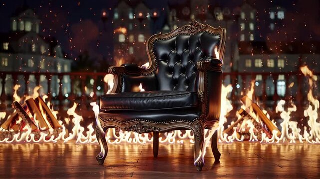 regal antique armchair engulfed in dramatic fiery flames, studio shot | luxury, design, mood, destruction, vintage theme