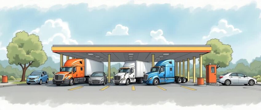 Colorful trucks and cars refuel at a gas station under a bright sky, as the camera gently pans across this vibrant, animated scene; trees sway in the background, offering a lively, commercial atmosphe