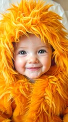 Cheerful infant in a fluffy, bright orange hooded costume smiles brightly at the camera