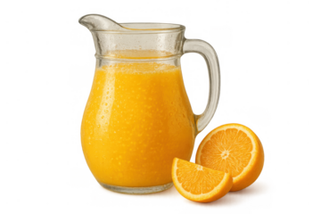 Pitcher filled with fresh squeezed orange juice, served alongside whole and sliced oranges, nutrient-rich beverage promoting health and wellness