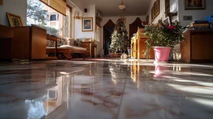 Fototapeta premium Cozy and Elegant Interior Space Decorated for the Holiday Season with a Christmas Tree and Stylish Furniture