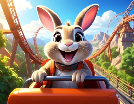 Cheerful cartoon bunny riding a thrilling roller coaster under a bright blue sky