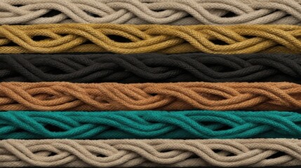 Naklejka premium A vibrant collection of cable knit patterns showcasing various colored yarns arranged neatly on a textured surface.