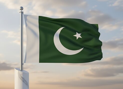 A flag with a crescent moon and star on a green field. It is waving in the wind against a cloudy sky. The flag is on a pole - Powered by Adobe