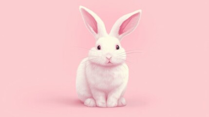 Obraz premium A white rabbit with perked ears gazes directly at the viewer against a soft pink background,