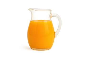 Glass pitcher filled with fresh orange juice, healthy fruit beverage for breakfast, transparent background