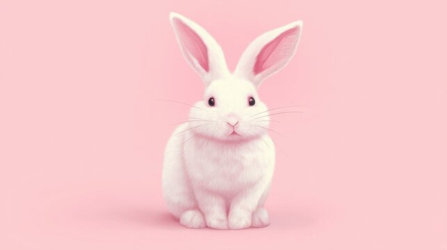 A white rabbit with perked ears gazes directly at the viewer against a soft pink background,