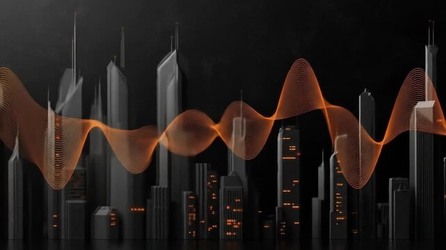 An abstract orange sound wave or energy signal flowing over a dark, modern city skyline at night.